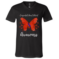 Blue Red Ribbon CHD Congenital Heart Defect Awareness V-Neck T-Shirt