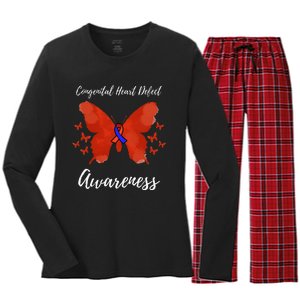 Blue Red Ribbon CHD Congenital Heart Defect Awareness Women's Long Sleeve Flannel Pajama Set 