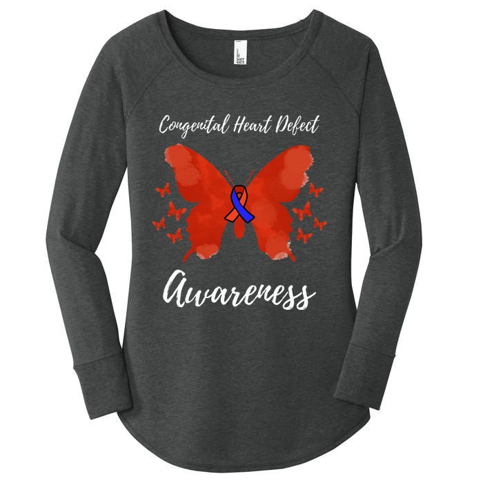 Blue Red Ribbon CHD Congenital Heart Defect Awareness Women's Perfect Tri Tunic Long Sleeve Shirt