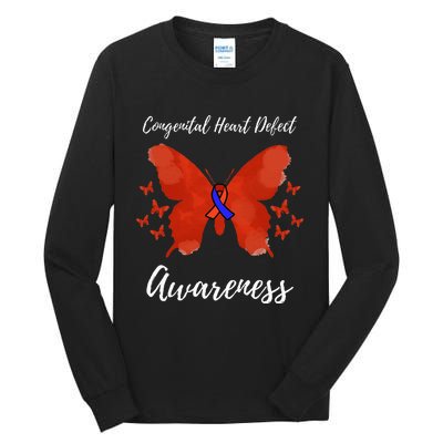 Blue Red Ribbon CHD Congenital Heart Defect Awareness Tall Long Sleeve T-Shirt