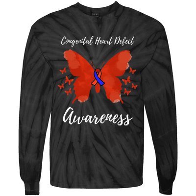 Blue Red Ribbon CHD Congenital Heart Defect Awareness Tie-Dye Long Sleeve Shirt