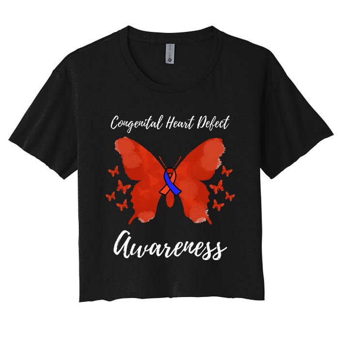 Blue Red Ribbon CHD Congenital Heart Defect Awareness Women's Crop Top Tee