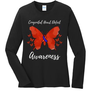 Blue Red Ribbon CHD Congenital Heart Defect Awareness Ladies Long Sleeve Shirt