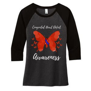 Blue Red Ribbon CHD Congenital Heart Defect Awareness Women's Tri-Blend 3/4-Sleeve Raglan Shirt