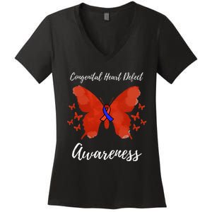 Blue Red Ribbon CHD Congenital Heart Defect Awareness Women's V-Neck T-Shirt