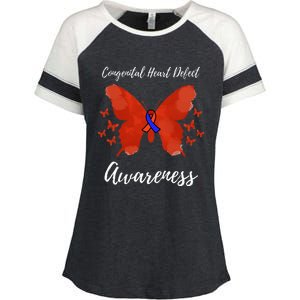 Blue Red Ribbon CHD Congenital Heart Defect Awareness Enza Ladies Jersey Colorblock Tee