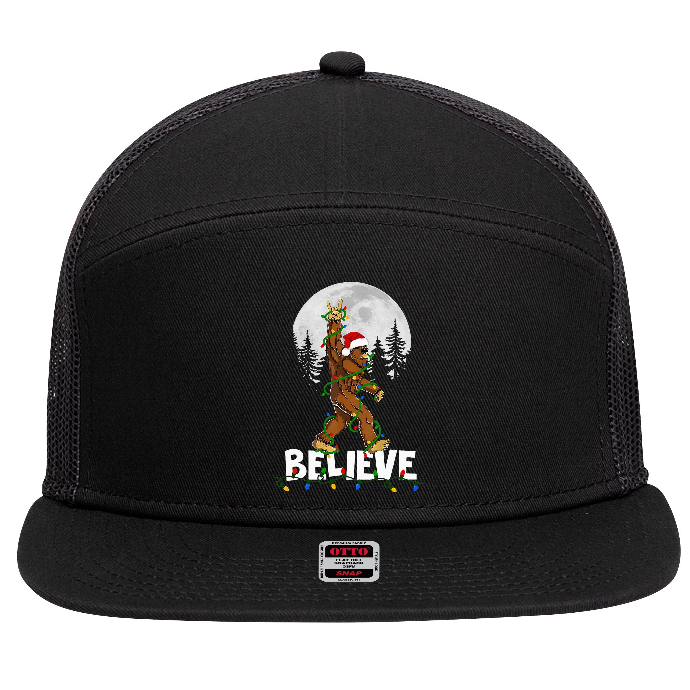 Bigfoot Rock Roll Sasquatch Christmas Believe Gifts  7 Panel Mesh Trucker Snapback Hat