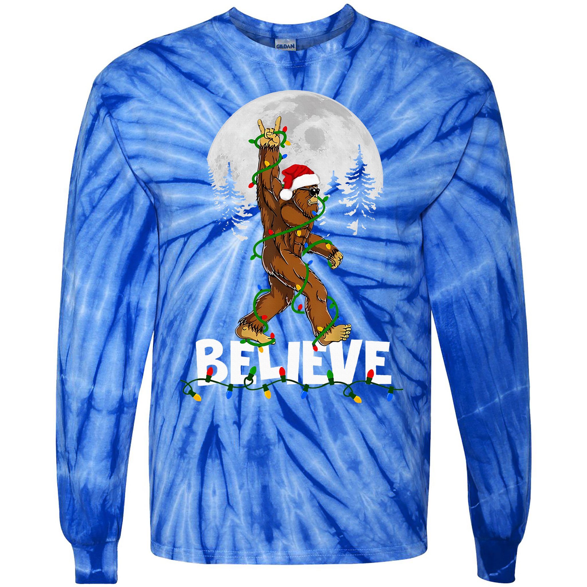 Bigfoot Rock Roll Sasquatch Christmas Believe Gifts  Tie-Dye Long Sleeve Shirt
