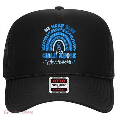 Blue Ribbon Rainbow We Wear Blue For Child Abuse Awareness High Crown Mesh Back Trucker Hat