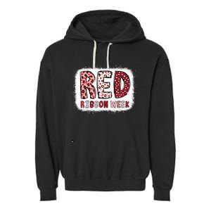 Bleached Red Ribbon Week Leopard We Wear Red For Awareness Garment-Dyed Fleece Hoodie