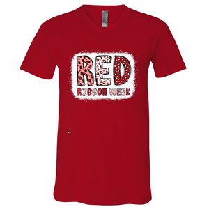 Bleached Red Ribbon Week Leopard We Wear Red For Awareness V-Neck T-Shirt