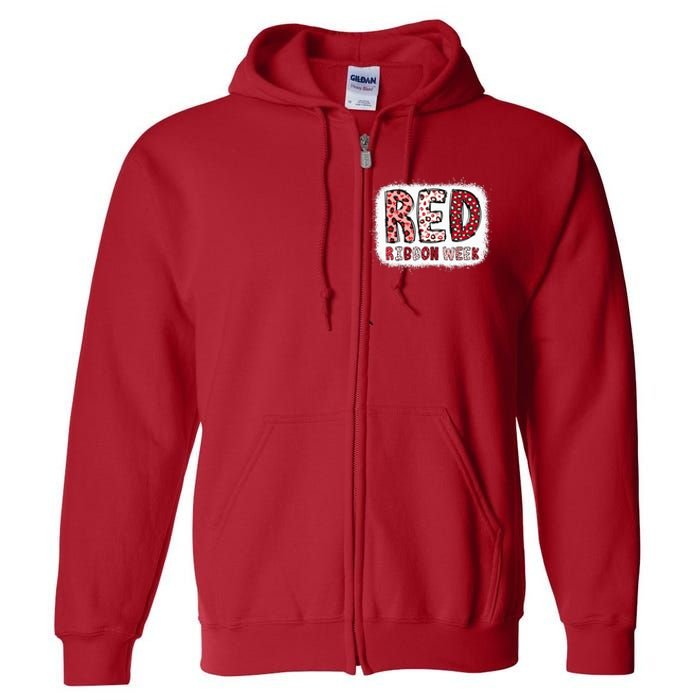 Bleached Red Ribbon Week Leopard We Wear Red For Awareness Full Zip Hoodie