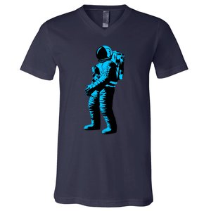 Blue Retro Space Astronaut V-Neck T-Shirt