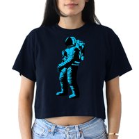 Blue Retro Space Astronaut Women's Crop Top Tee