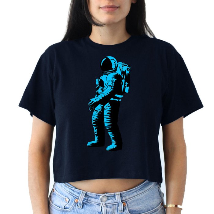 Blue Retro Space Astronaut Women's Crop Top Tee