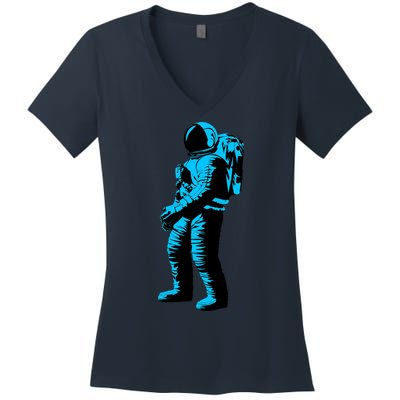 Blue Retro Space Astronaut Women's V-Neck T-Shirt