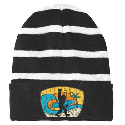 Bigfoot Retro Surfing Gift For Shaka Aloha Surfer Dude Striped Beanie with Solid Band