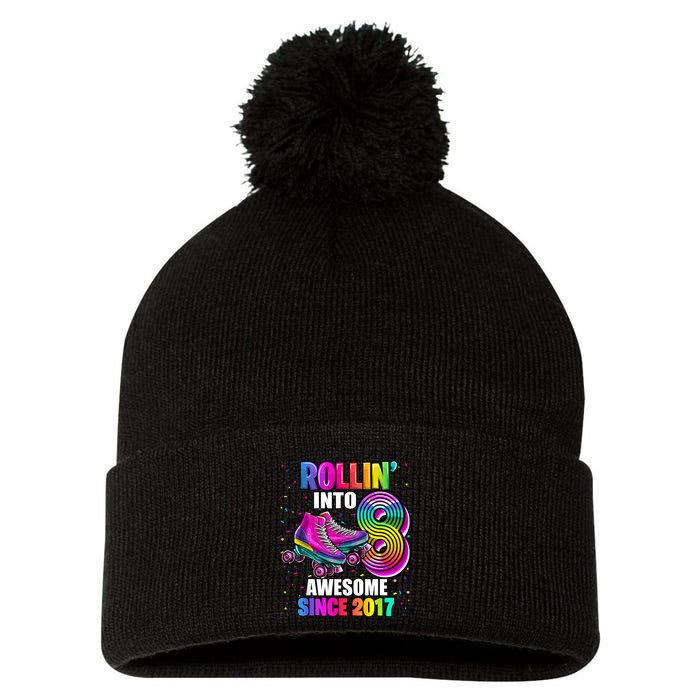 Birthday Roller Skating 8th Girl Rollin Into 8 Skate Party Pom Pom 12in Knit Beanie