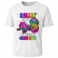Birthday Roller Skating 8th Girl Rollin Into 8 Skate Party Cooling Performance Crew T-Shirt
