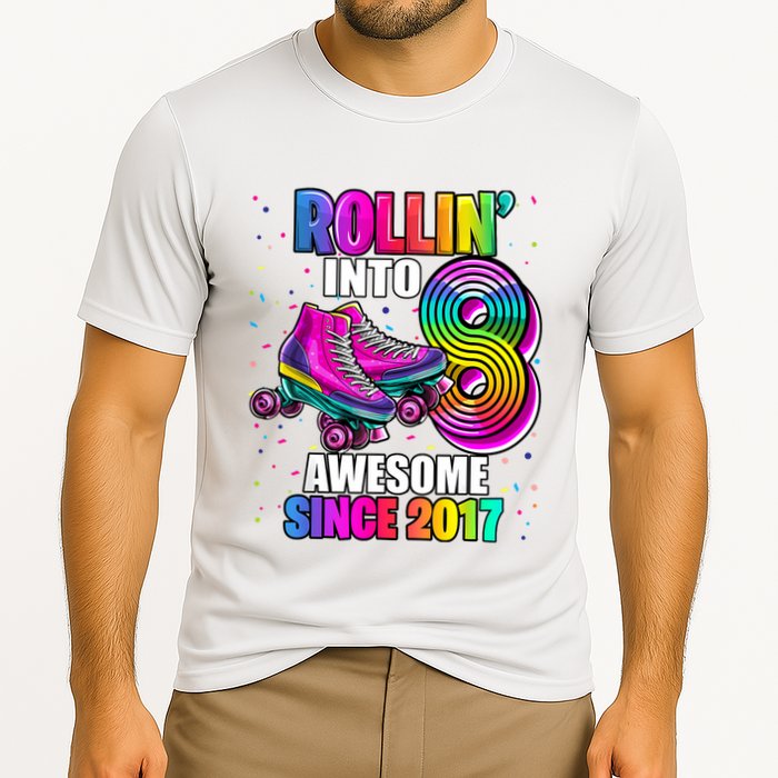 Birthday Roller Skating 8th Girl Rollin Into 8 Skate Party Cooling Performance Crew T-Shirt