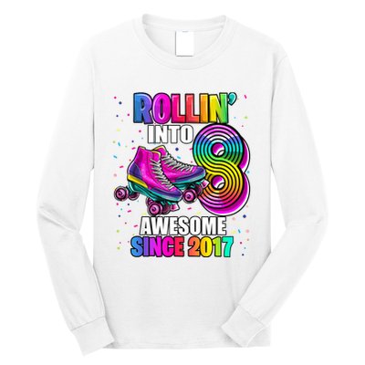 Birthday Roller Skating 8th Girl Rollin Into 8 Skate Party Long Sleeve Shirt