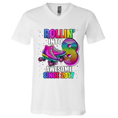Birthday Roller Skating 8th Girl Rollin Into 8 Skate Party V-Neck T-Shirt