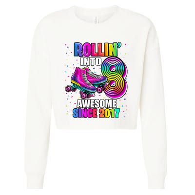 Birthday Roller Skating 8th Girl Rollin Into 8 Skate Party Cropped Pullover Crew
