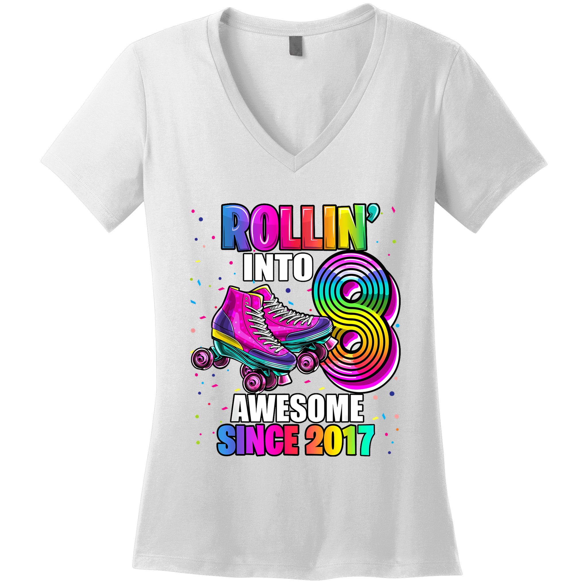 Birthday Roller Skating 8th Girl Rollin Into 8 Skate Party Women's V-Neck T-Shirt