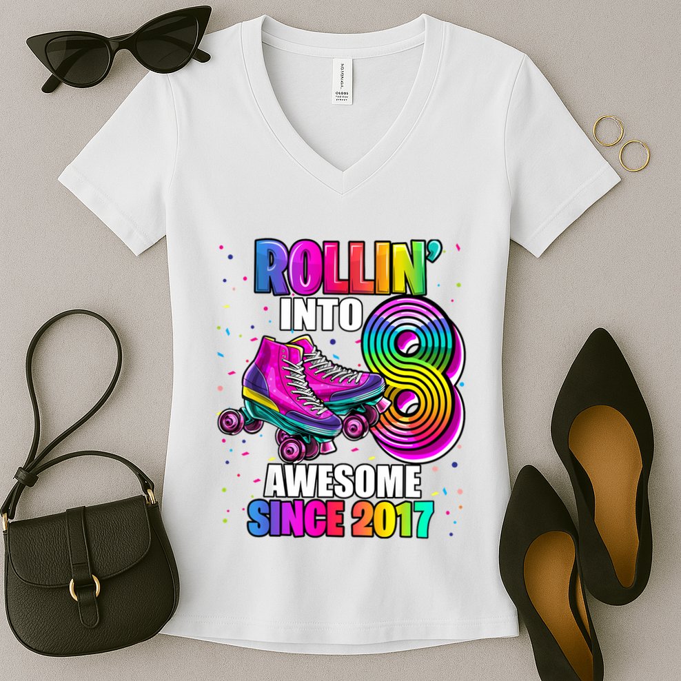 Birthday Roller Skating 8th Girl Rollin Into 8 Skate Party Women's V-Neck T-Shirt