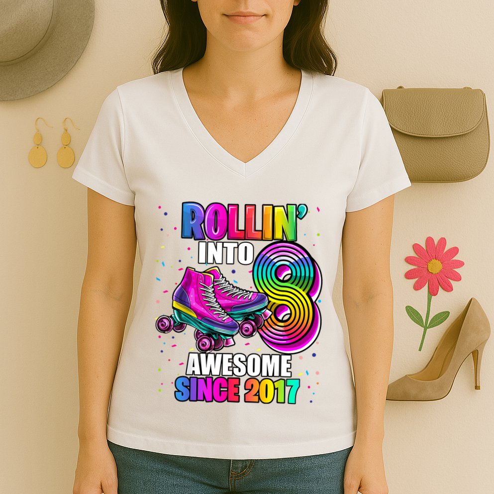 Birthday Roller Skating 8th Girl Rollin Into 8 Skate Party Women's V-Neck T-Shirt