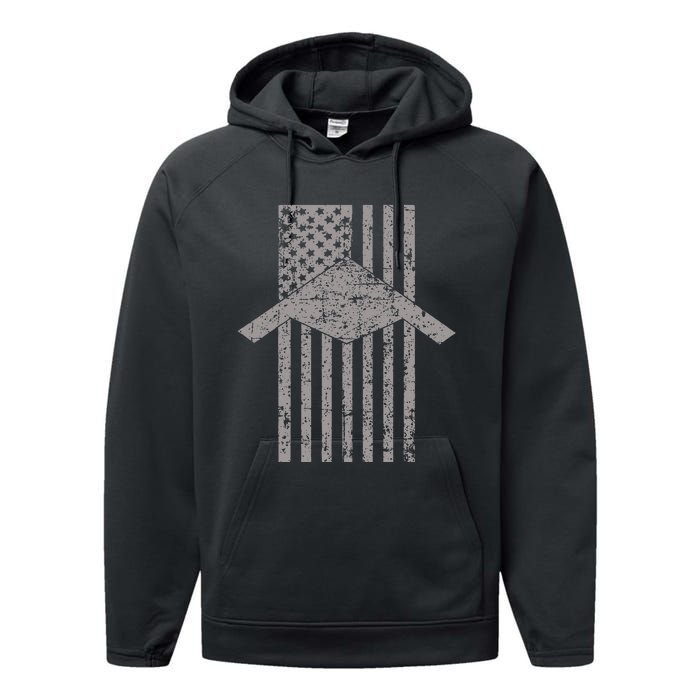 B21 Raider Stealth Bomber Patriotic Vintage American Flag Performance Fleece Hoodie