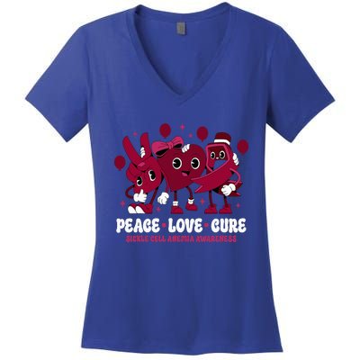 Burgundy Ribbon Survivor Groovy Sickle Cell Anemia Awareness Women's V-Neck T-Shirt