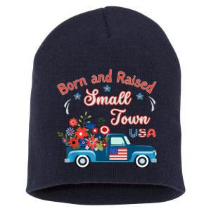 Born Raised Small Town USA Patriotic Truck Flowers Americana Short Acrylic Beanie