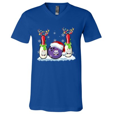 Bowling Reindeer Santa Hat Christmas Bowling Lovers Costume Funny Gift V-Neck T-Shirt