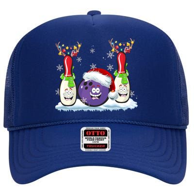 Bowling Reindeer Santa Hat Christmas Bowling Lovers Costume Funny Gift High Crown Mesh Back Trucker Hat