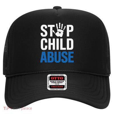 Blue Ribbon Stop Child Abuse Prevention Month Awareness High Crown Mesh Back Trucker Hat