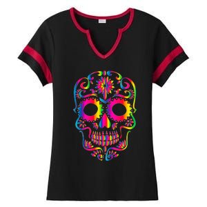 Bright Rainbow Sugar Skull Day Of The Dead Ladies Halftime Notch Neck Tee