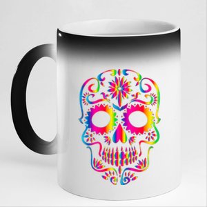 Bright Rainbow Sugar Skull Day Of The Dead 11oz Black Color Changing Mug