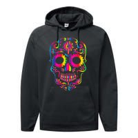 Bright Rainbow Sugar Skull Day Of The Dead Performance Fleece Hoodie