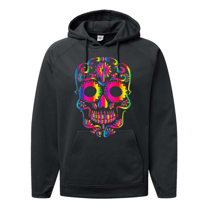 Bright Rainbow Sugar Skull Day Of The Dead Performance Fleece Hoodie