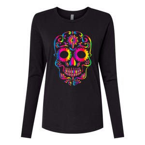 Bright Rainbow Sugar Skull Day Of The Dead Womens Cotton Relaxed Long Sleeve T-Shirt