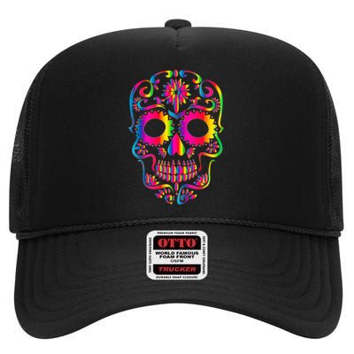 Bright Rainbow Sugar Skull Day Of The Dead High Crown Mesh Back Trucker Hat