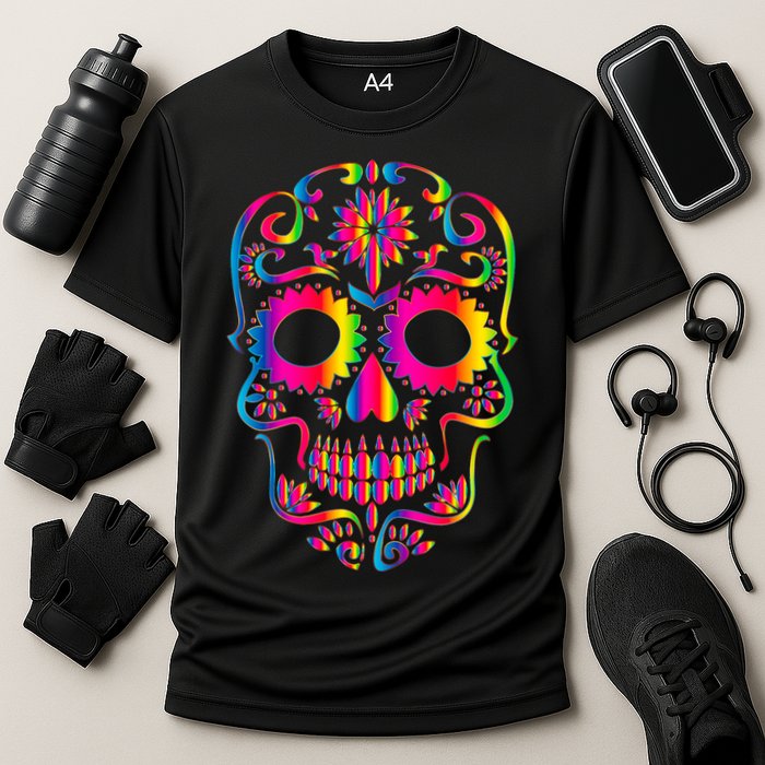 Bright Rainbow Sugar Skull Day Of The Dead Cooling Performance Crew T-Shirt