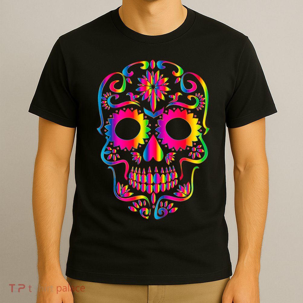 Bright Rainbow Sugar Skull Day Of The Dead T-Shirt