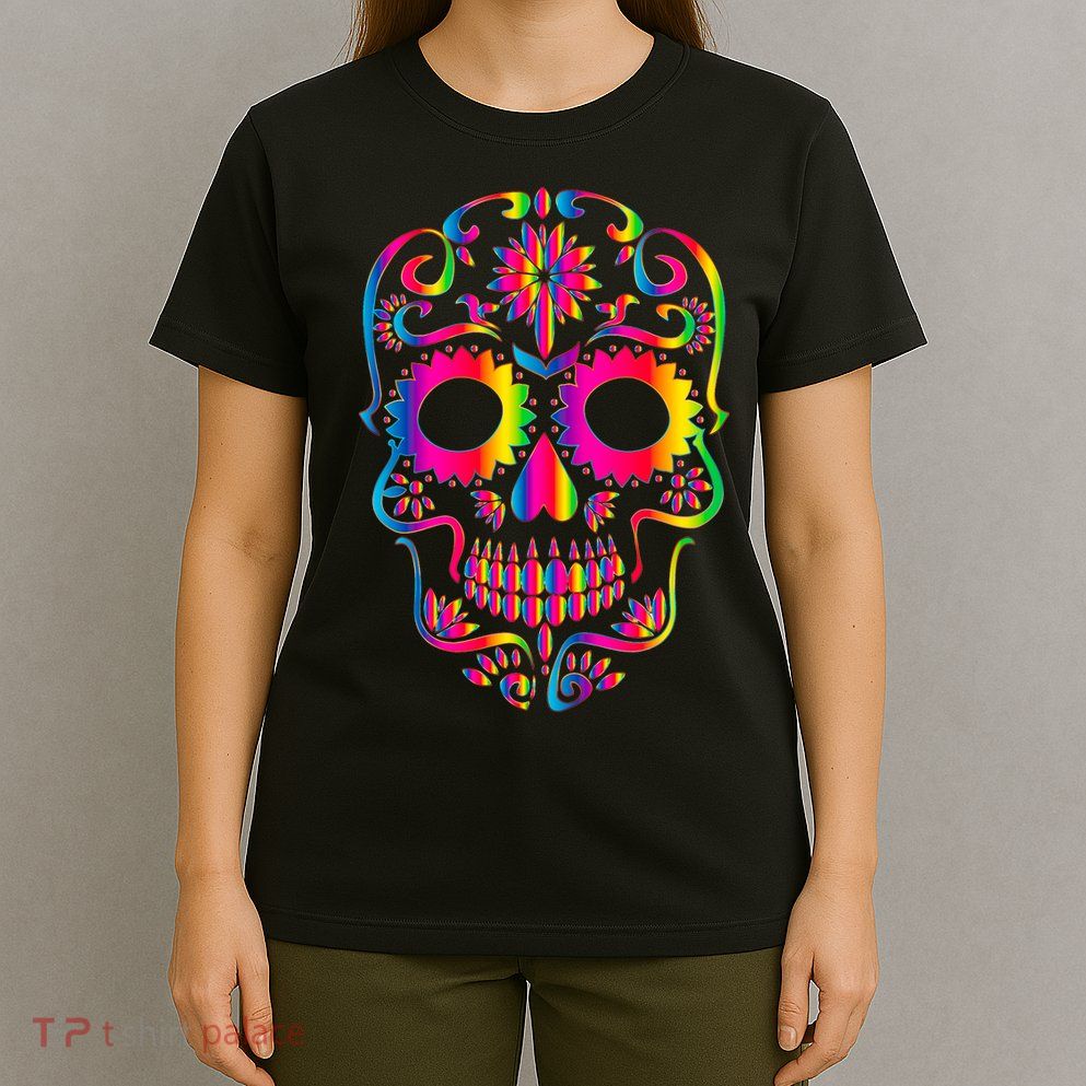 Bright Rainbow Sugar Skull Day Of The Dead T-Shirt