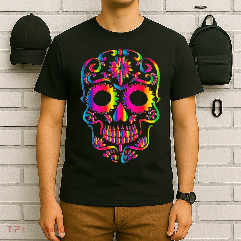 Bright Rainbow Sugar Skull Day Of The Dead T-Shirt