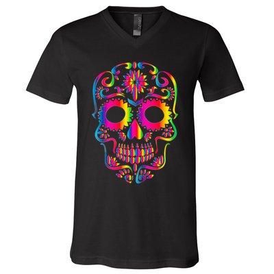 Bright Rainbow Sugar Skull Day Of The Dead V-Neck T-Shirt
