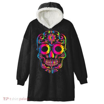 Bright Rainbow Sugar Skull Day Of The Dead Hooded Wearable Blanket