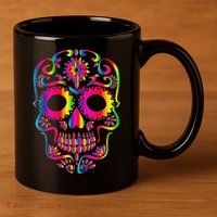 Bright Rainbow Sugar Skull Day Of The Dead 11oz C Handle Ceramic Mug