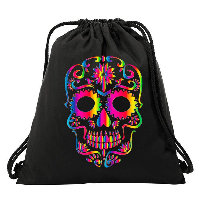 Bright Rainbow Sugar Skull Day Of The Dead Drawstring Bag